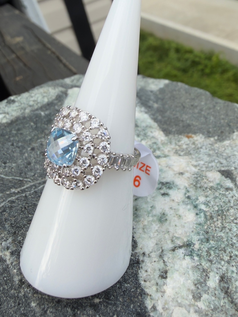 The Celeste Ring Aquamarine Cubic Zirconia Double Halo Statement Ring - Picture 3 of 10